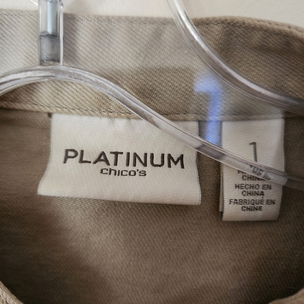 Chico's Platinum Jacket Taupe Gold Stand Collar Lace Overlay Open Front 1 (S/8) - Picture 10 of 10